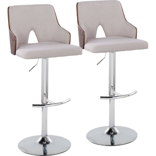 Stella Adjustable Swivel Bar Stool in Chrome, Walnut Wood & Beige Fabric (Set of 2)